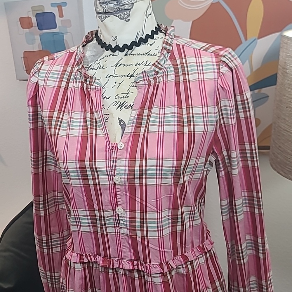 J Crew NWT Plaid Mini Dress Ruffle Trim Sweet Briar Marine Salt Pink - Picture 6 of 10